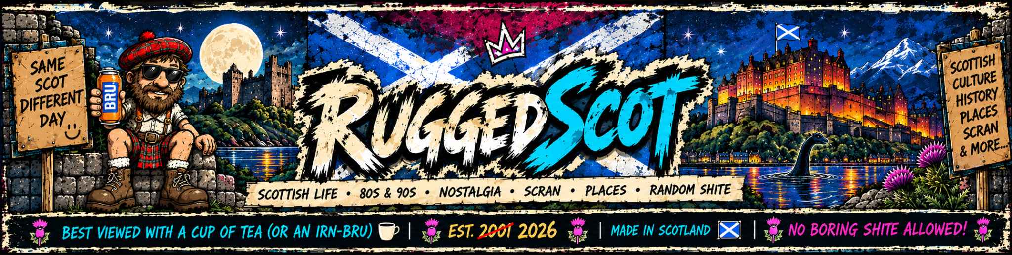 RuggedScot illustrated logo with Scottish castles, a Scotsman in a kilt and the Scottish flag